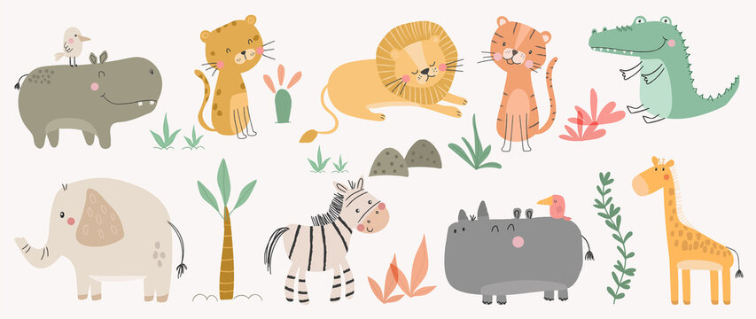 set of cute animal vector. friendly wild life with tiger, hippo, zebra, elephant, crocodile in doodl