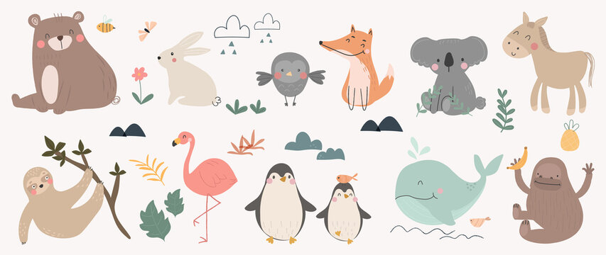 set of cute animal vector. friendly wild life with bear, sloth, rabbit, penguin, koala, donkey in do