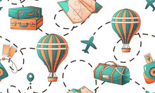 Vector Seamless Pattern With Illustration Of Suitcase, Map, Hot Air Balloon, Plane, Location Icon With Aircraft Route. Travel Pattern For Fabric, Textile, Wrapping Paper, Design Of Package, Decoration
