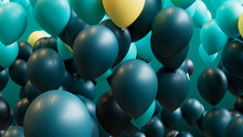 Teal, Turquoise And Yellow Balloons Rising In The Air. Colorful, Carnival Background.
