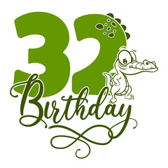 Wall Mural - 32, Number thirty two with crocodile cartoon character, Birthday Anniversary