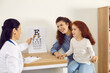 © Studio Romantic - Happy family see doctor for contact lenses or eyeglasses prescription. Cheerful positive mom and child having appointment at ophthalmologist's office. Healthcare professional uses eye chart for exam