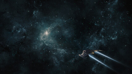 space background. spaceship fly in colorful fractal blue nebula with star field. 3d rendering