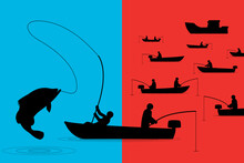 Vector Illustration Of Blue Ocean Strategy Vs Red Blue Ocean Strategy That Easy To Understand And Easy To Remember With Pictures Of Fishermen Waiting And Fisherman Who Have Completed.