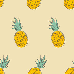 Poster - Pineapple wallpaper. Vector hand-drawn pattern with children's drawing pineapples. Print for refrigerators, kitchen, decor and clothes.