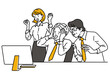 Cute character vector of male and female colleagues in office, feel shocked and excited with unexpected notice on computer screen. Outline, linear, thin line art, hand drawn sketch design. 