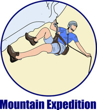 Mountain Expedition Logo, Mountain Adventure Vector, Colorful Sketch Drawing Of Man Climbing Hills, Line Art Illustration Of Boy Doing Adventure