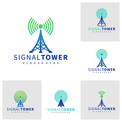 Set of Signal Tower logo design vector template, Signal Tower logo concepts illustration.