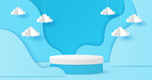 Paper Cut Of Minimal Scene With White And Blue Color Cylinder Podium And Cloud For Products Display Presentation On Blue Sky Background, Summer Season. Vector Illustration
