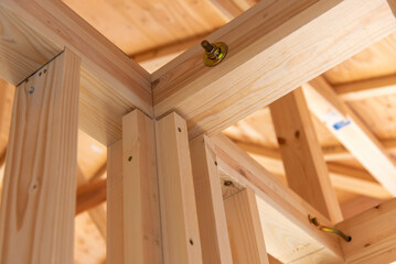 Japanese wooden house construction site: beams and columns