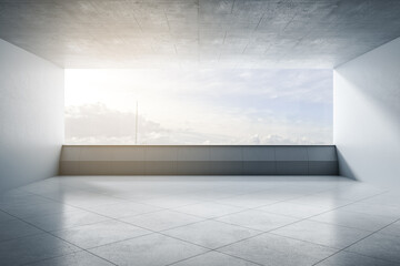 Poster - Empty concrete open space balcony interior with blank mock up place for your advertisement, panoramic sky and clouds view, daylight. 3D Rendering.