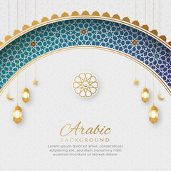 Wall Mural - Arabic Islamic Elegant White and Golden Luxury Colorful Background with Islamic Arch and Decorative Lanterns