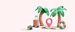 Marketing poster in 3d realistic style with palm tree, map, pointer, suitcase, camera, rubber ring. Vector illustration