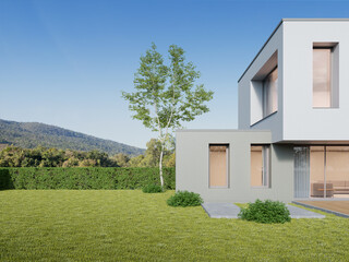 Poster - 3d rendering of luxury modern house with lawn yard and mountain background.