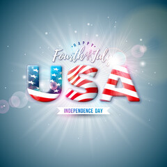 4th of July Independence Day of the USA Vector Illustration with American Flag Pattern 3d Lettering on Shiny Light Background. Fourth of July National Celebration Design for Banner, Greeting Card