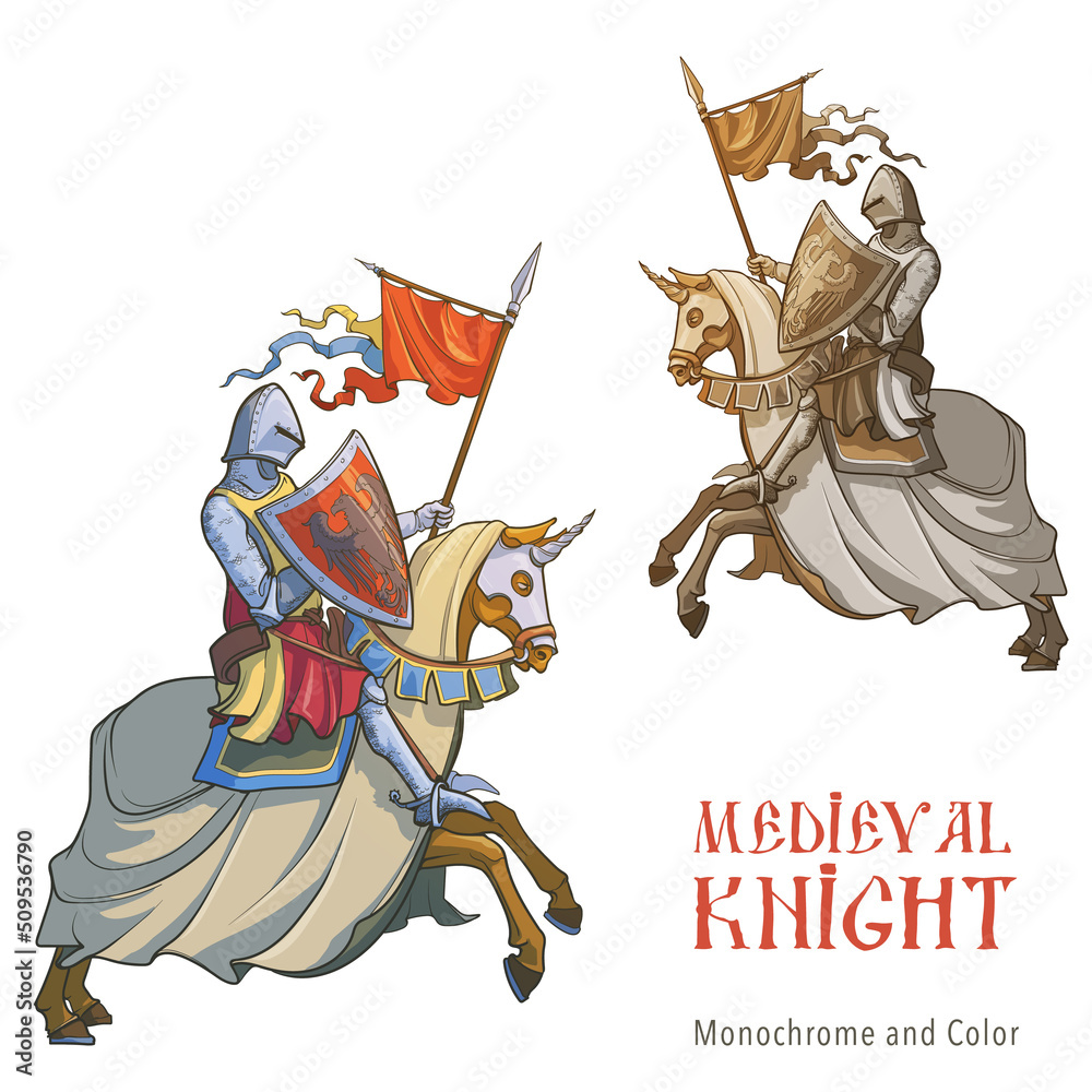 Early Medieval mounted knight. A warrior in a chain-mail armor riding on a  horse back. Medieval gothic style concept art. Color drawing isolated on  white background. EPS10 vector illustration Stock Vector |, image size:1000x1000