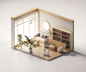 Poster - Isometric view living room muji style open inside interior architecture, 3d rendering digital art.