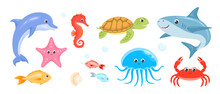 Cartoon Sea Animals Set. Cute Funny Crab, Fish, Jellyfish, Turtle, Starfish, Seahorse, Dolphin And Shark. Vector Flat Illustration Isolated On White.