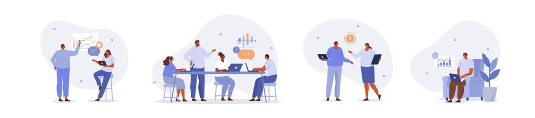 Poster - business people illustration set. characters working at home office and coworking space. people talk