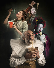 Different People In Image Of Medieval Persons In Vintage Clothing Eating Noodles, Street Food On Dark Background. Concept Of Comparison Of Eras, Ad, Cuisine. Poster