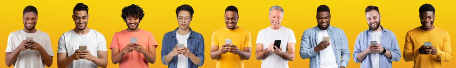 Poster - Mobile Gaming, Group Of Multiethnic Men Playing Games On Smartphones