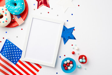 USA Independence Day concept. Top view photo of national flag photo frame stars confetti paper baking molds with sweets and plate with glazed donuts on isolated white background with copyspace