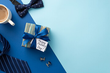 Father's Day concept. Top view photo of trendy giftbox with silk ribbon bow and postcard cup of coffee cufflinks blue bow-tie and necktie on bicolor blue background with copyspace