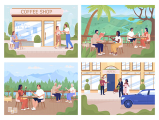 Canvas Print - People spending time in public places flat color vector illustrations set. Fully editable 2D simple cartoon characters with city view on background collection. Tapestry Regular, Recursive fonts used