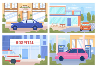 Poster - Urban infrastructure objects flat color vector illustrations set. Fully editable 2D simple cartoon cityscapes with architecture on background pack. Akrobat, Tapestry Regular font used