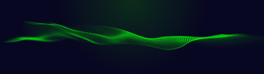 Wall Mural - Futuristic green glowing wave. The concept of big data. Network connection. Cybernetics. Abstract dark background of green lines with dots. 3d rendering.