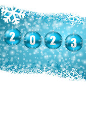 Aufkleber - New Years 2023 greeting card with Christmas baubles on blue background with snowflakes with empty copy space for your text