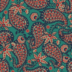  Paisley vector seamless pattern. Fantastic flower, leaves. Batik style painting. Vintage background