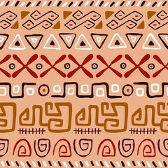 Wall Mural - Ethnic tribal pattern with folk African elements print. Seamless background, repeating texture design with ancient ornaments, shapes motif in modern doodle style. Colored graphic vector illustration