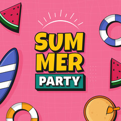 Canvas Print - Summer Party Font With Watermelon Slice, Swimming Rings, Sand Bucket, Surfboard On Pink Grid Pattern Background.