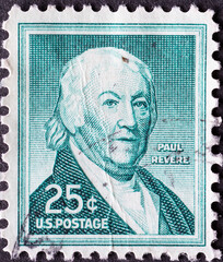 Wall Mural - UNITED STATES - CIRCA 1958: a postage stamp from UNITED STATES , showing ein Porträt des American Silversmith and Engraver Paul Revere (1735-1818). Circa 1958