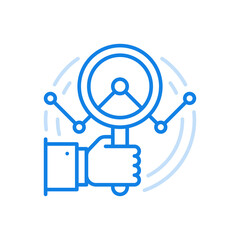 Poster - Financial dynamics analytics vector line icon. Hand holds magnifying glass looking through graph.