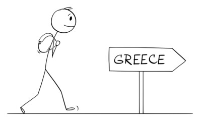 Wall Mural - Tourist on Journey to Greece, Vector Cartoon Stick Figure Illustration