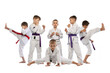 © master1305 - Sport training of 6 little kids, beginner karate fighters in white doboks practicing together isolated on white background. Concept of sport, martial arts, education