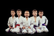 Group portrait of preschool age boys, beginner karate fighters in white doboks posing like team isolated on dark background. Concept of sport, martial arts, education
