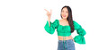© Png - Video - Photo - Attractive beautiful positive happy smile asian woman hands point up and pose with empty space wearing green shirt and jeans.