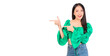 © Png - Video - Photo - Attractive beautiful positive happy smile asian woman hands point up and pose with empty space wearing green shirt and jeans.