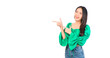 © Png - Video - Photo - Attractive beautiful positive happy smile asian woman hands point up and pose with empty space wearing green shirt and jeans.