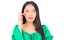 © Png - Video - Photo - Attractive beautiful positive happy smile asian woman hands point up and pose with empty space wearing green shirt and jeans.