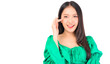 © Png - Video - Photo - Attractive beautiful positive happy smile asian woman hands point up and pose with empty space wearing green shirt and jeans.