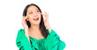 © Png - Video - Photo - Attractive beautiful positive happy smile asian woman hands point up and pose with empty space wearing green shirt and jeans.