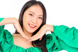 © Png - Video - Photo - Attractive beautiful positive asian woman smile take a selfie wearing green shirt.