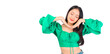 © Png - Video - Photo - Attractive beautiful positive happy smile asian woman hands point up and pose with empty space wearing green shirt and jeans.