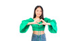 © Png - Video - Photo - Attractive beautiful positive happy smile asian woman hands point up and pose with empty space wearing green shirt and jeans.