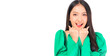 © Png - Video - Photo - Attractive beautiful positive happy smile asian woman showing heart gesture and pose with empty space wearing green shirt and jeans, young gril with happy mood is excited.