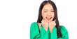 © Png - Video - Photo - Attractive beautiful positive happy smile asian woman showing heart gesture and pose with empty space wearing green shirt and jeans, young gril with happy mood is excited.